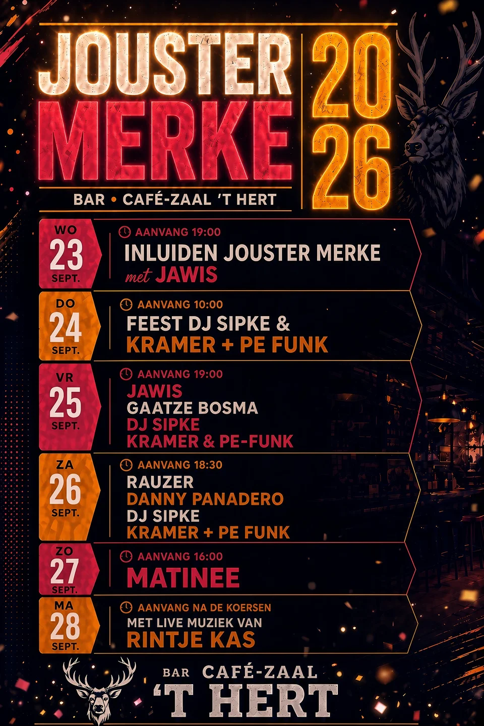 Jouster Merke bij Café-Zaal ’t Hert, 23–28 september 2026. Het programma staat als tekst op de agendapagina.